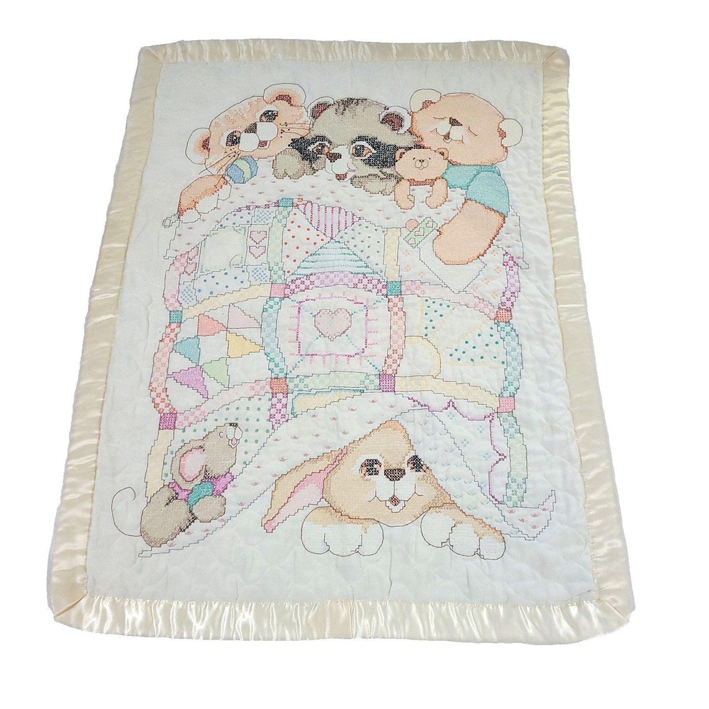 Precious Moments Embroidered Baby Blanket Satin Edge Vtg Bear Bunny Mouse 31X40"